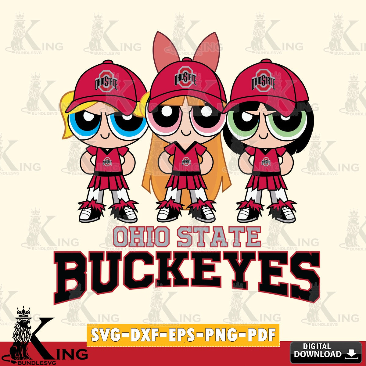 Detailed illustration of Ohio State Buckeyes PowerPuff Girls football, SVG cut file for personalized gifts and laser projects