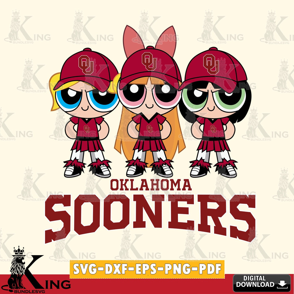 Eye-catching graphic of Oklahoma Sooners PowerPuff Girls football, a digital clipart compatible with laser engraving and cutting