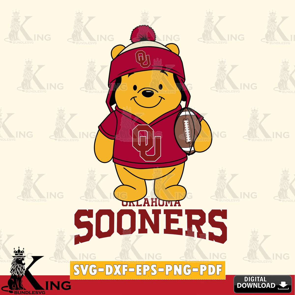 Beautiful illustration of Oklahoma Sooners Winnie the Pooh player football, a digital download for Cricut Maker and paper crafts