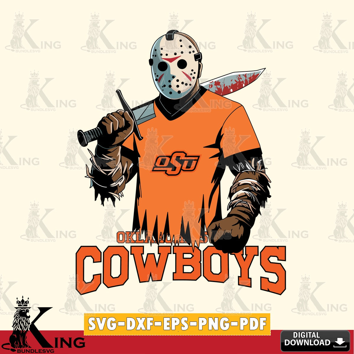 Artistic drawing of Oklahoma State Cowboys Jason Voorhees football, SVG cut file for personalized gifts and laser projects