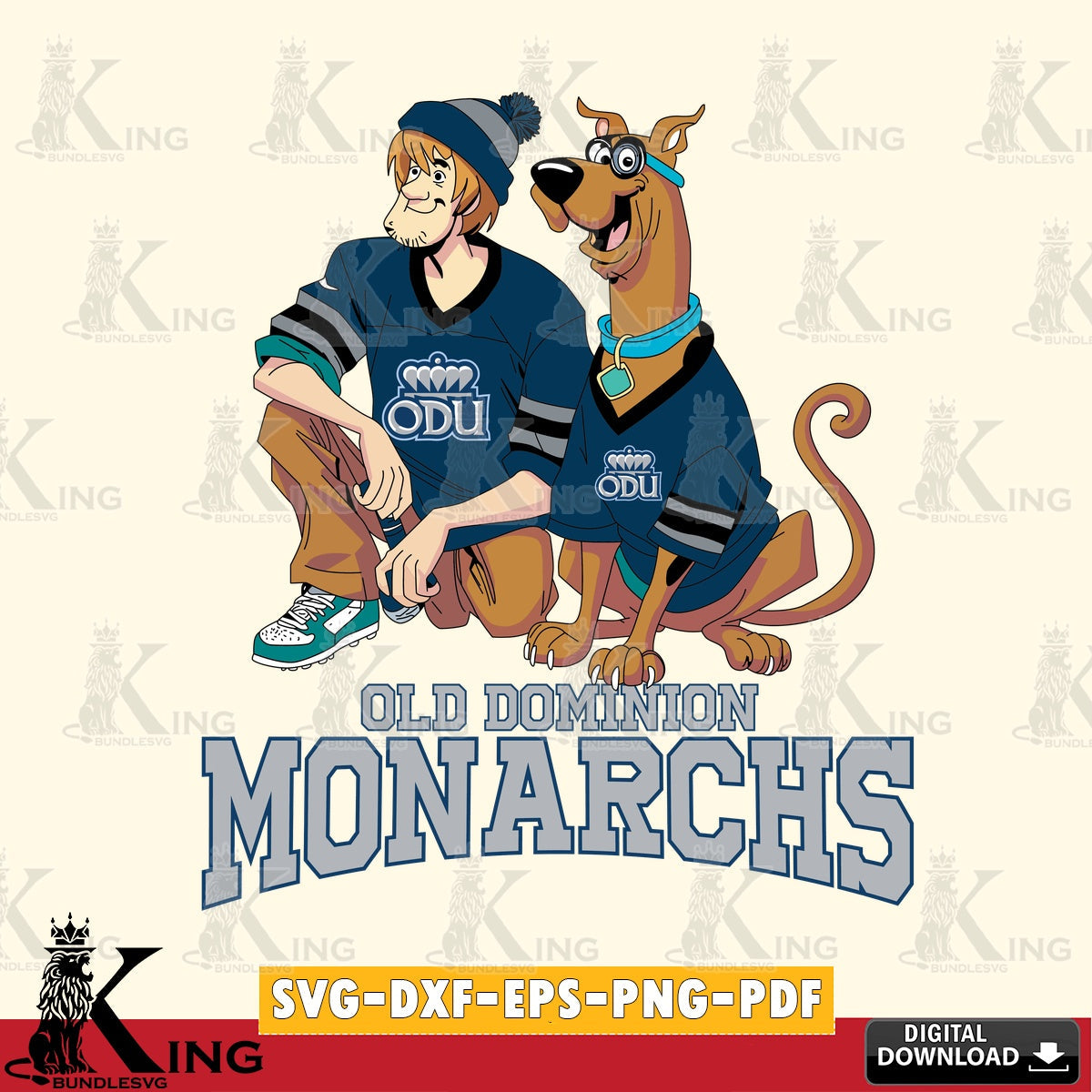 Hand-drawn style art of Old Dominion Monarchs, Shaggy and Scooby Doo playing football, digital download for Cricut Maker and
