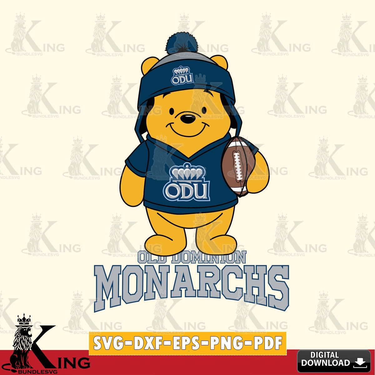 Digital download featuring Old Dominion Monarchs Winnie the Pooh player football, digital clipart compatible with laser engraving