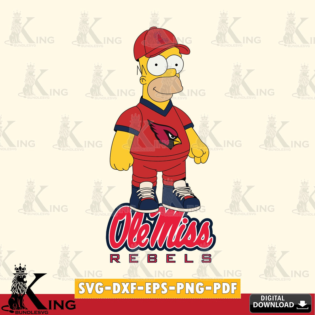 Detailed illustration of Ole Miss Rebels Homer Simpson football, a cut file ideal for vinyl projects and T-shirt printing