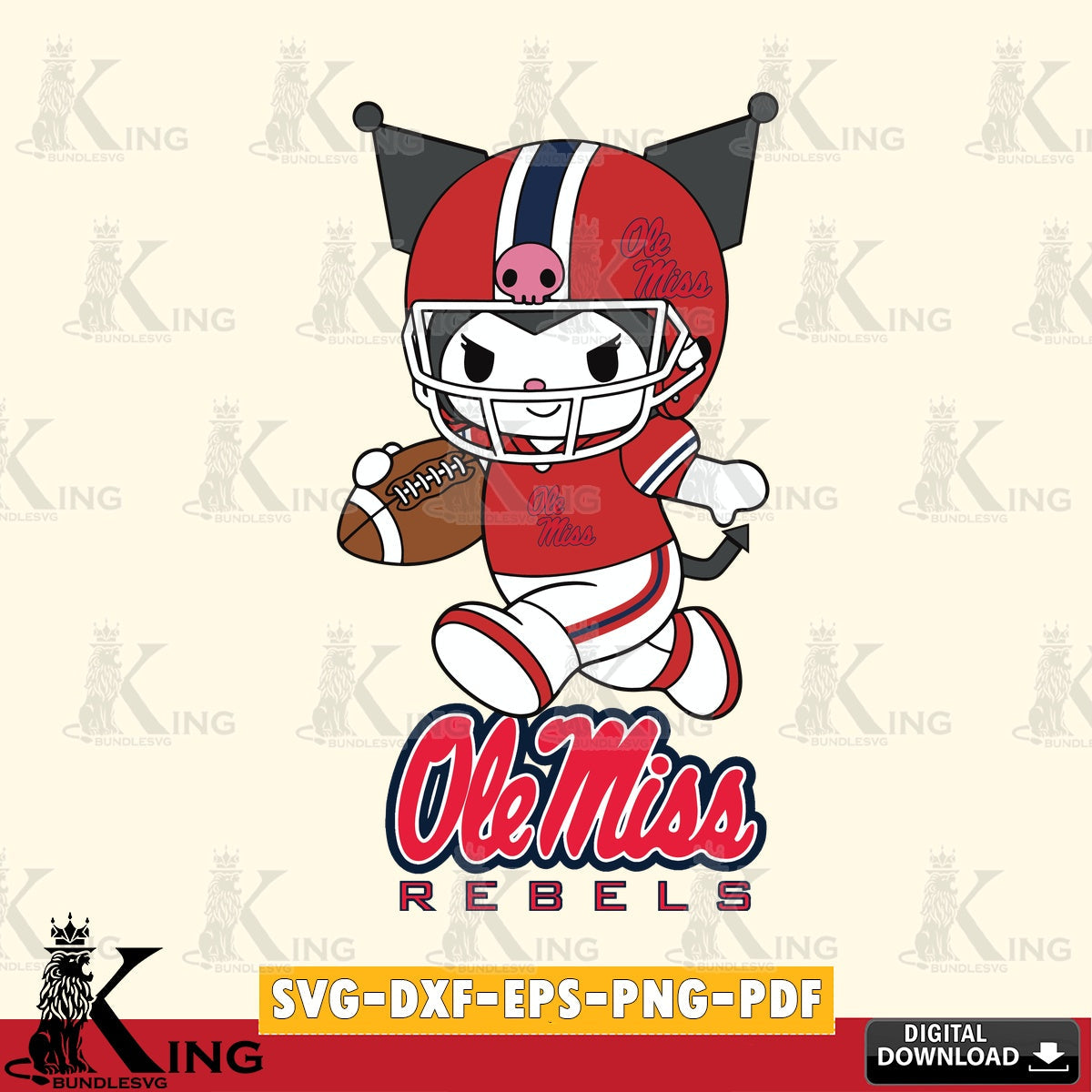 Ole Miss Rebels Kuromi Football Run SVG file, Cricut, Cut file , Digital Download , Instant Download, Sanrio svg, Clipart