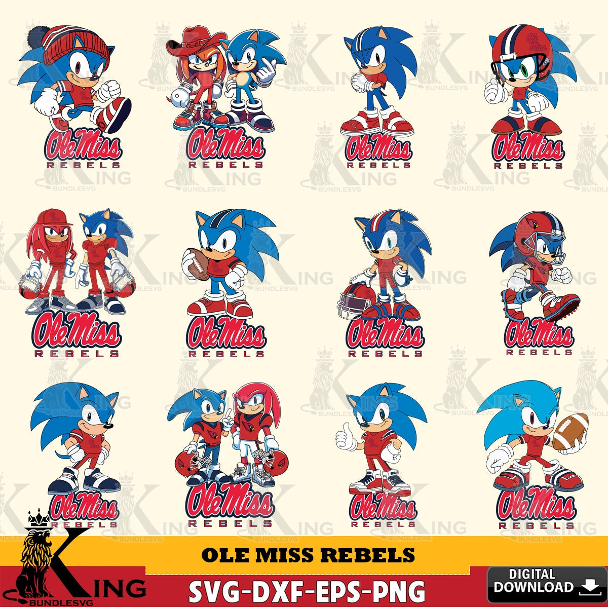 Ultimate set containing Ole Miss Rebels Sonic & Knuckles NCAA Football bundle, vector illustration for POD merchandise and apparel