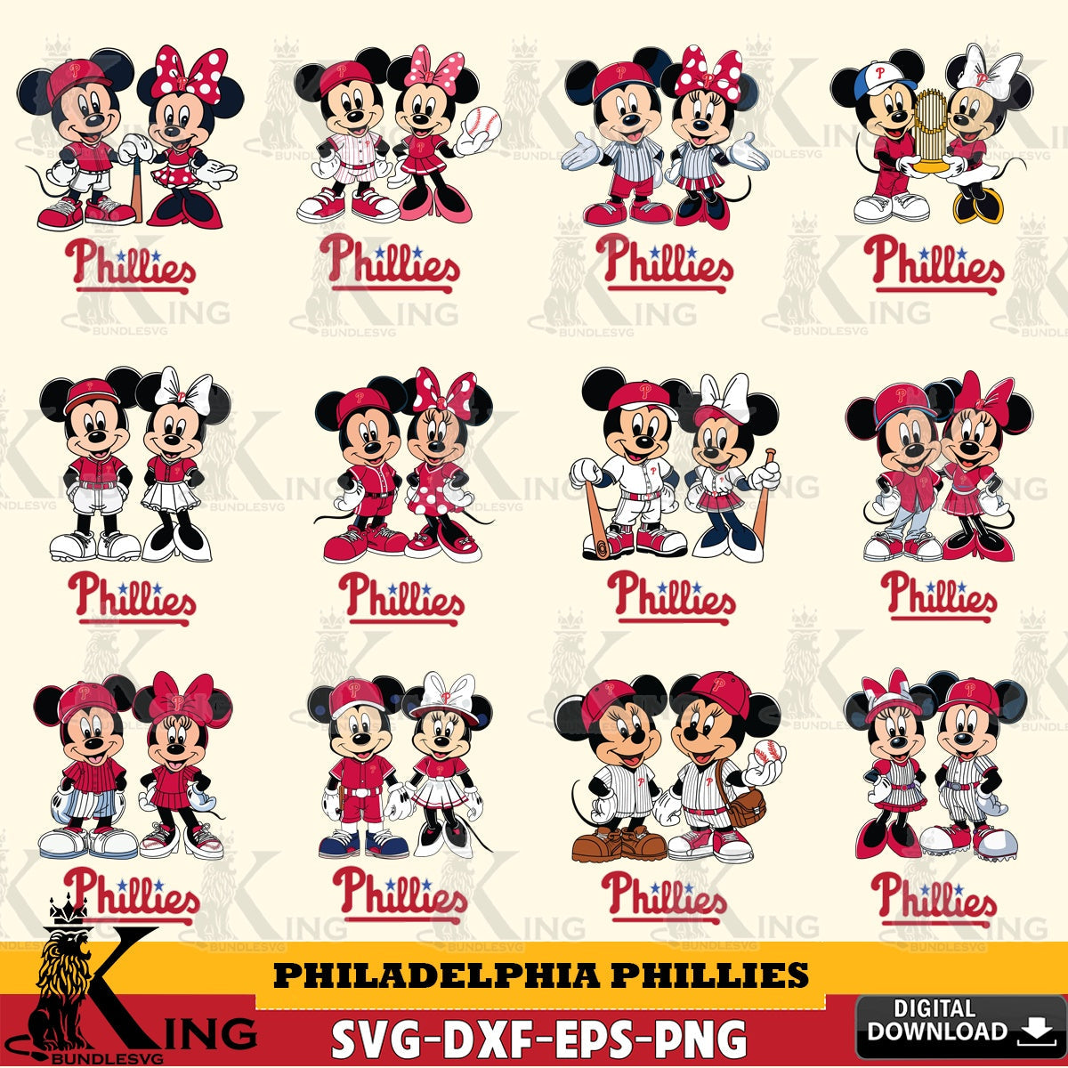 Philadelphia Phillies Mickey Minnie Baseball Player MLB Bundle SVG file , For Cricut, File cut , Digital Download , PDF File, Cut Files