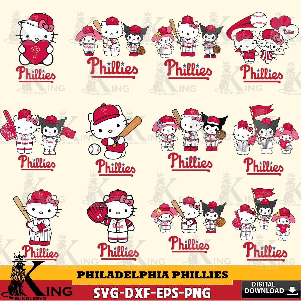 Jumbo collection of Philadelphia Phillies Sanrio Squad Baseball MLB Bundle SVG PNG files perfect for Cricut and Silhouette cutting
