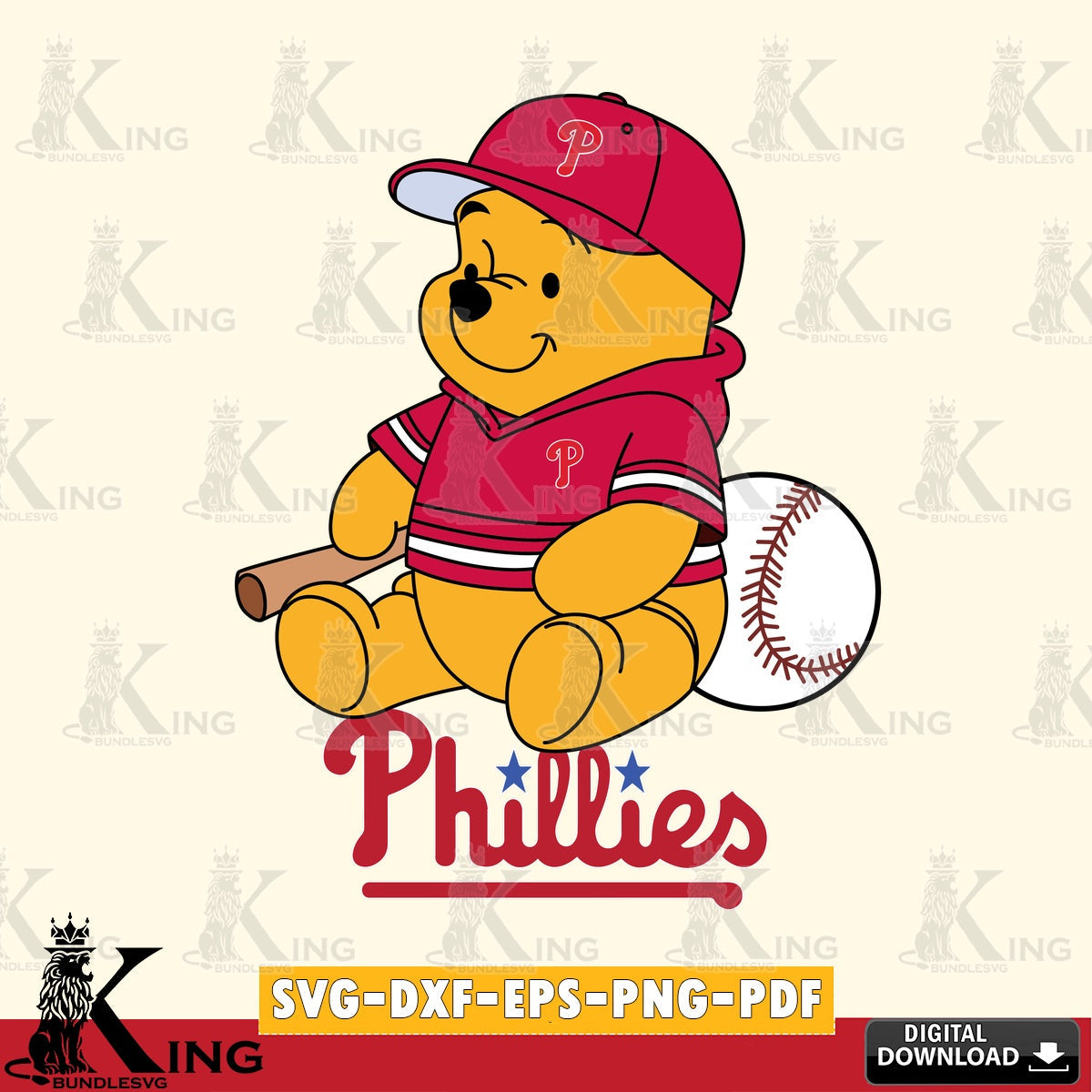 Vector design showing Philadelphia Phillies Winnie the Pooh baseball vector illustration for POD merchandise and apparel
