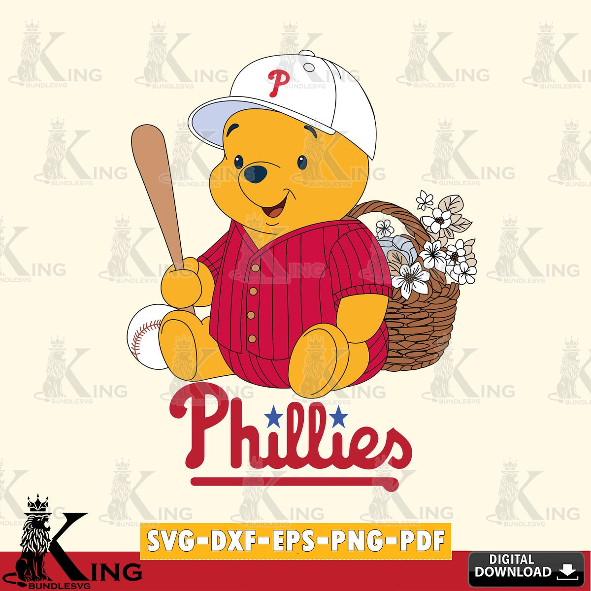 Hand-drawn style art of Philadelphia Phillies Winnie the Pooh with flower baseball vector illustration for POD merchandise and