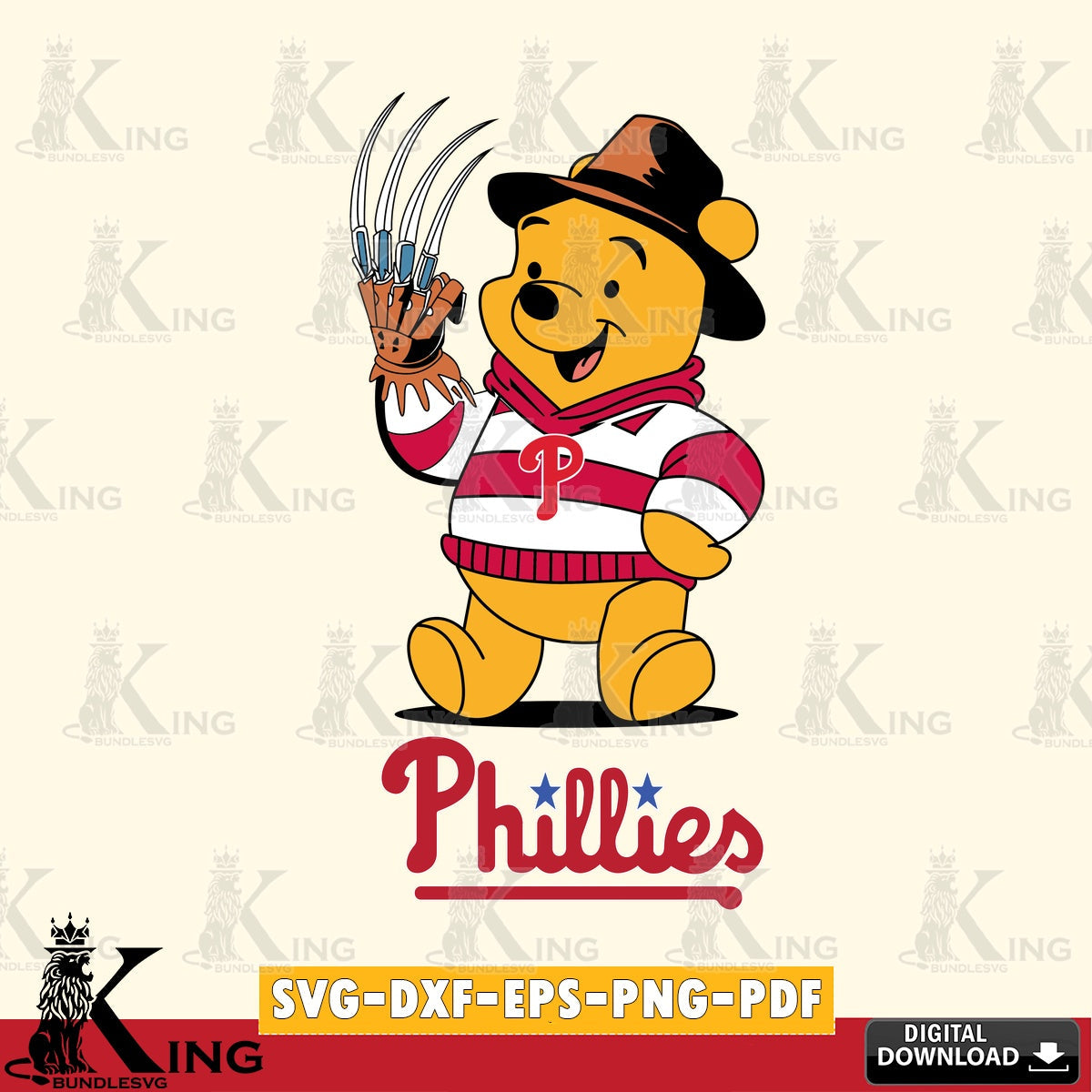 Hand-drawn style art of Philadelphia Phillies Winnie the Pooh Freddy Krueger baseball, cut file ideal for vinyl projects and