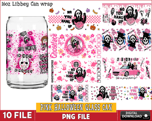 Pink Halloween Movie Coffee 16oz Wrap bundle PNG, Pink Halloween Movie Coffee Glass Can PNG Silhouette, digital download , Instant Download