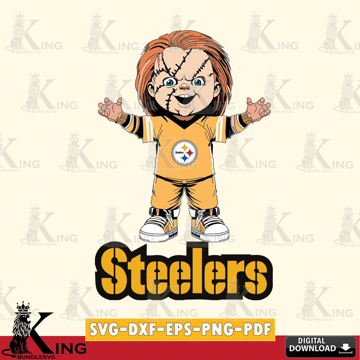 Detailed illustration of a Pittsburgh Steelers Chucky football, a printable vector design for sublimation and crafts.