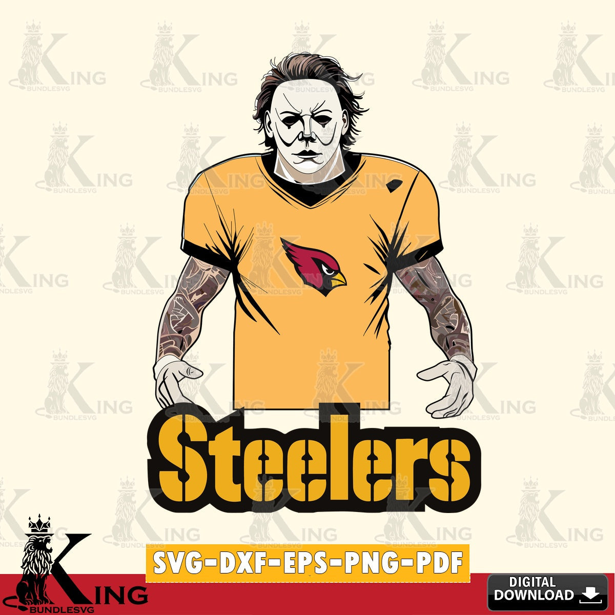 Modern graphic depicting a Pittsburgh Steelers Michael Myers tattoo football, vector illustration for POD merchandise and apparel