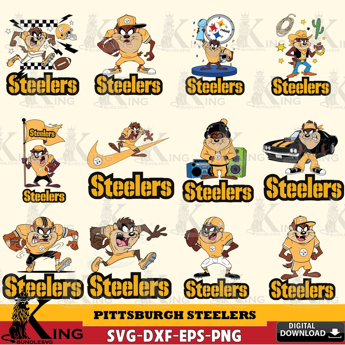 Pittsburgh Steelers Taz (Looney Tunes) Football NFL Bundle Cut file , Digital Download , Instant Download, Looney Tunes svg, Football svg