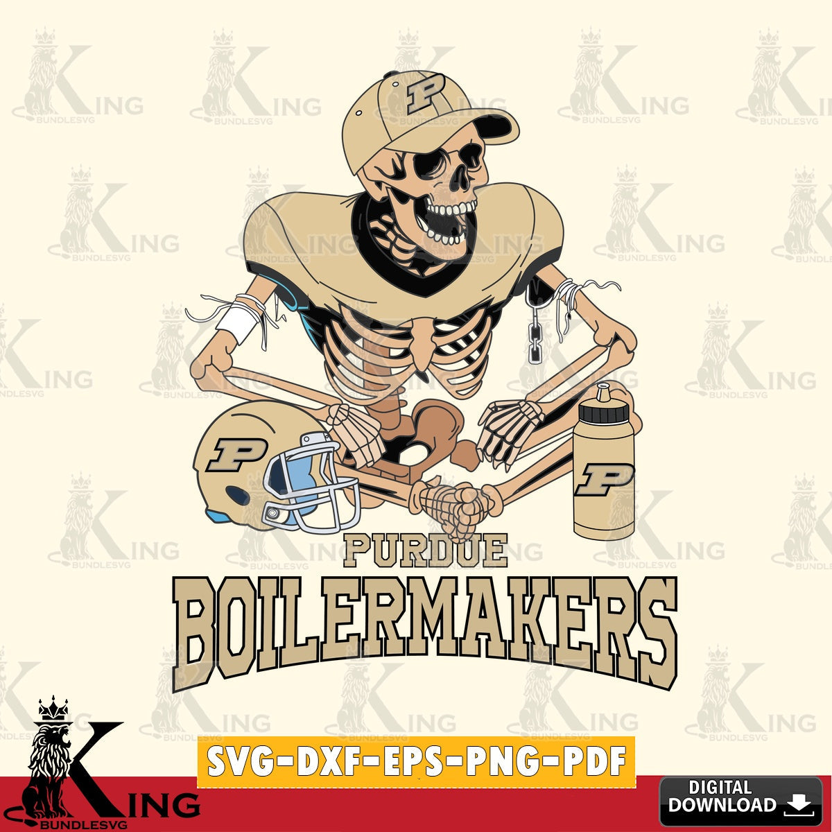 Eye-catching graphic of a Purdue Boilermakers skeleton football player, SVG PNG files perfect for Cricut and Silhouette cutting.