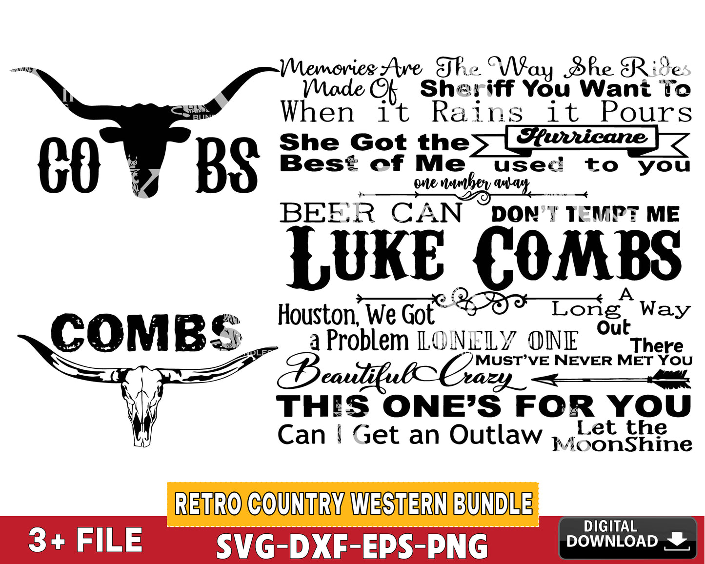 Retro Country Western Bundle SVG, Combs PNG, Luke Combs Digital File, Combs Bullskull Retro Png, Combs Vintage SVG DXF EPS PNG, Cricut, for Cricut, Silhouette, Digital Download , file cut