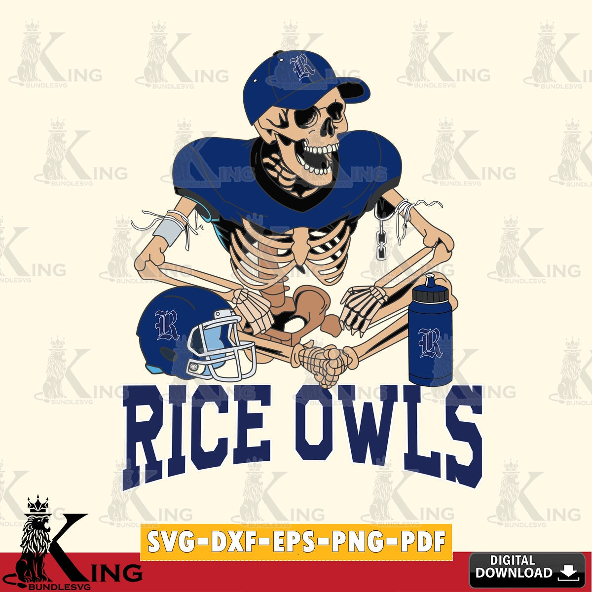 Custom design featuring Rice Owls skeleton player football, PNG clipart for sublimation printing and graphic design