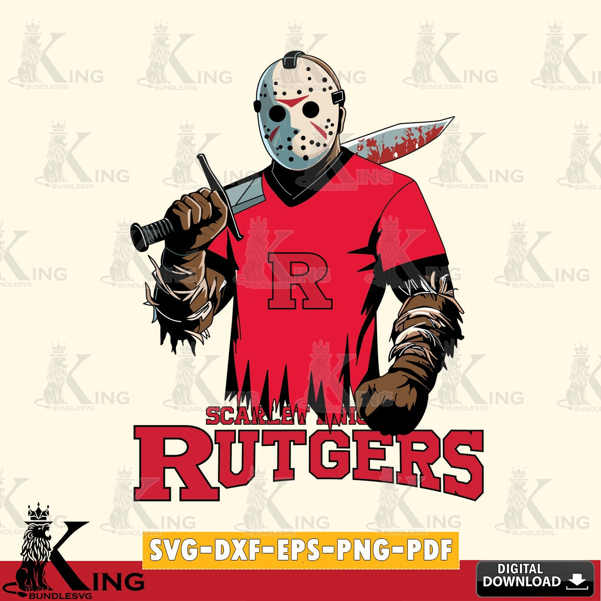 Unique artwork depicting Rutgers Scarlet Knights Jason Voorhees Football, crafting file for iron-on transfer and vinyl decals.