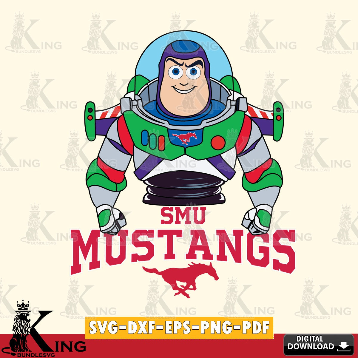 Modern graphic depicting SMU Mustangs Buzz Lightyear football, NCAA, a versatile clip art for stickers, decals, and mugs
