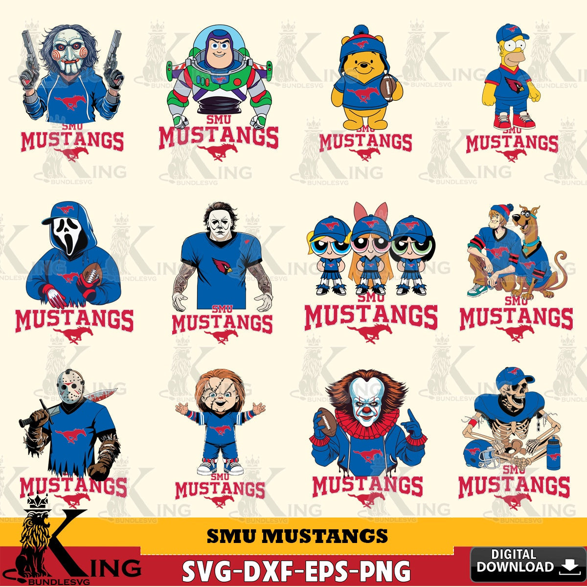 Massive pack of SMU Mustangs Cartoon Football NCAA Bundle for Cricut SVG PNG design suitable for Glowforge and laser cutting