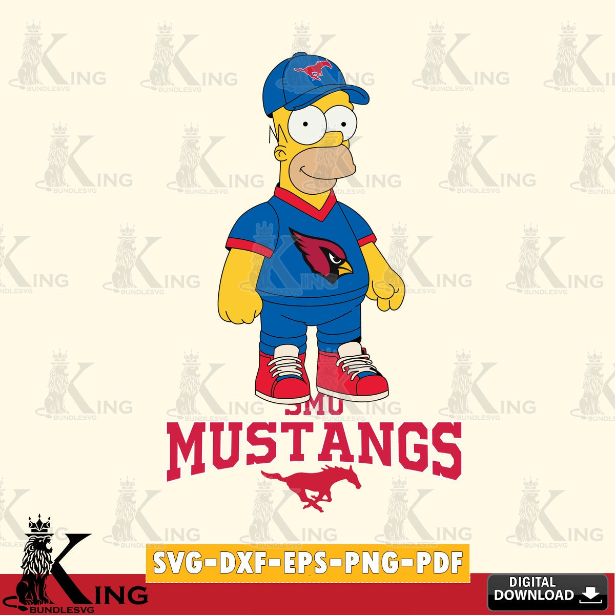 High-quality graphic of SMU Mustangs Homer Simpson playing football, versatile clip art for stickers, decals, and mugs.