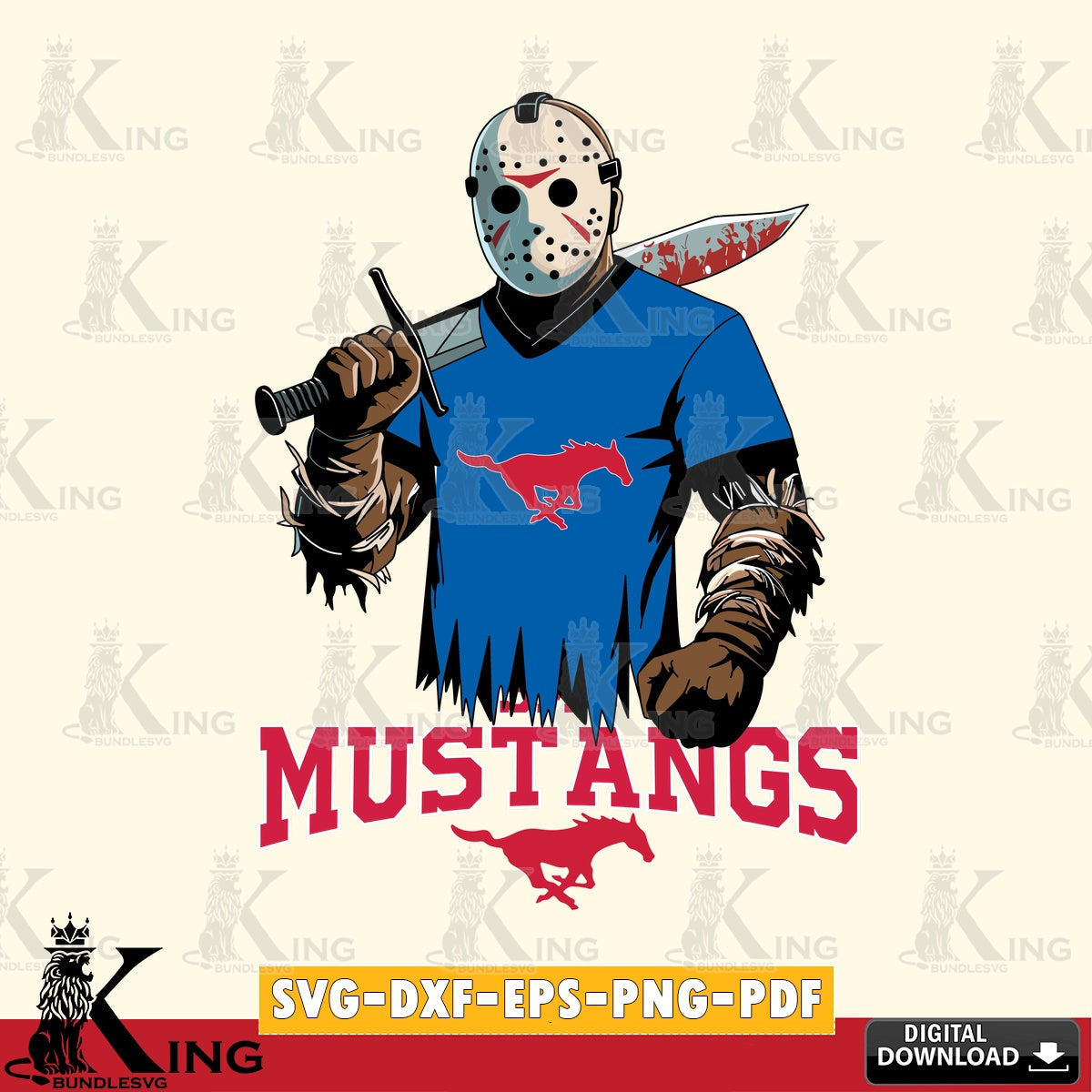 Detailed illustration of SMU Mustangs Jason Voorhees Football, NCAA file cut, SVG PNG design suitable for Glowforge and laser