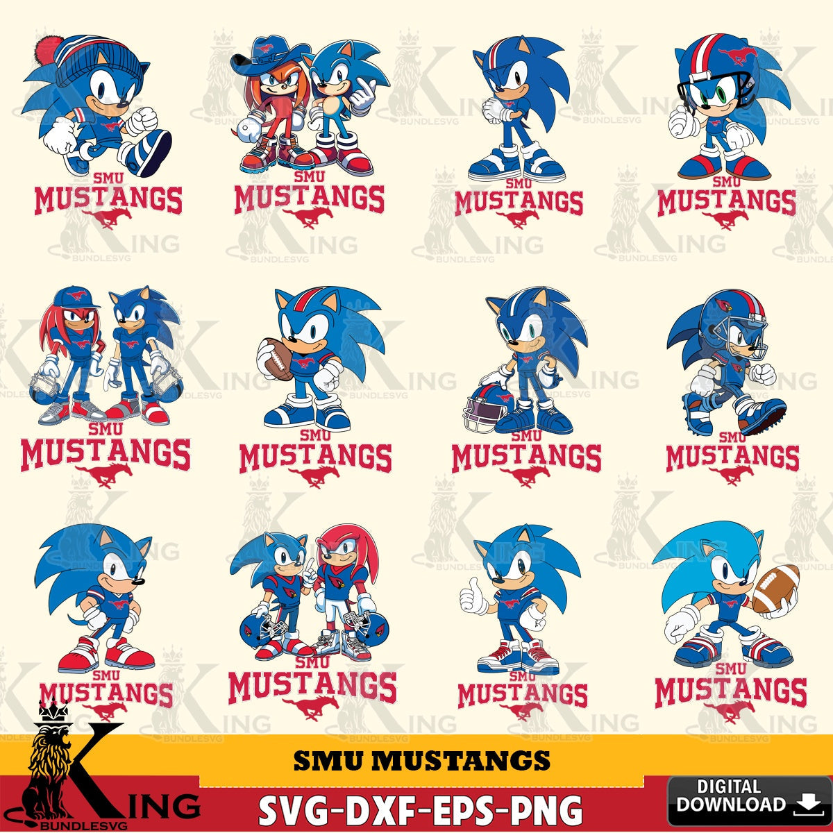 Ultimate set containing SMU Mustangs Sonic & Knuckles NCAA Football Bundle digital clipart compatible with laser engraving and