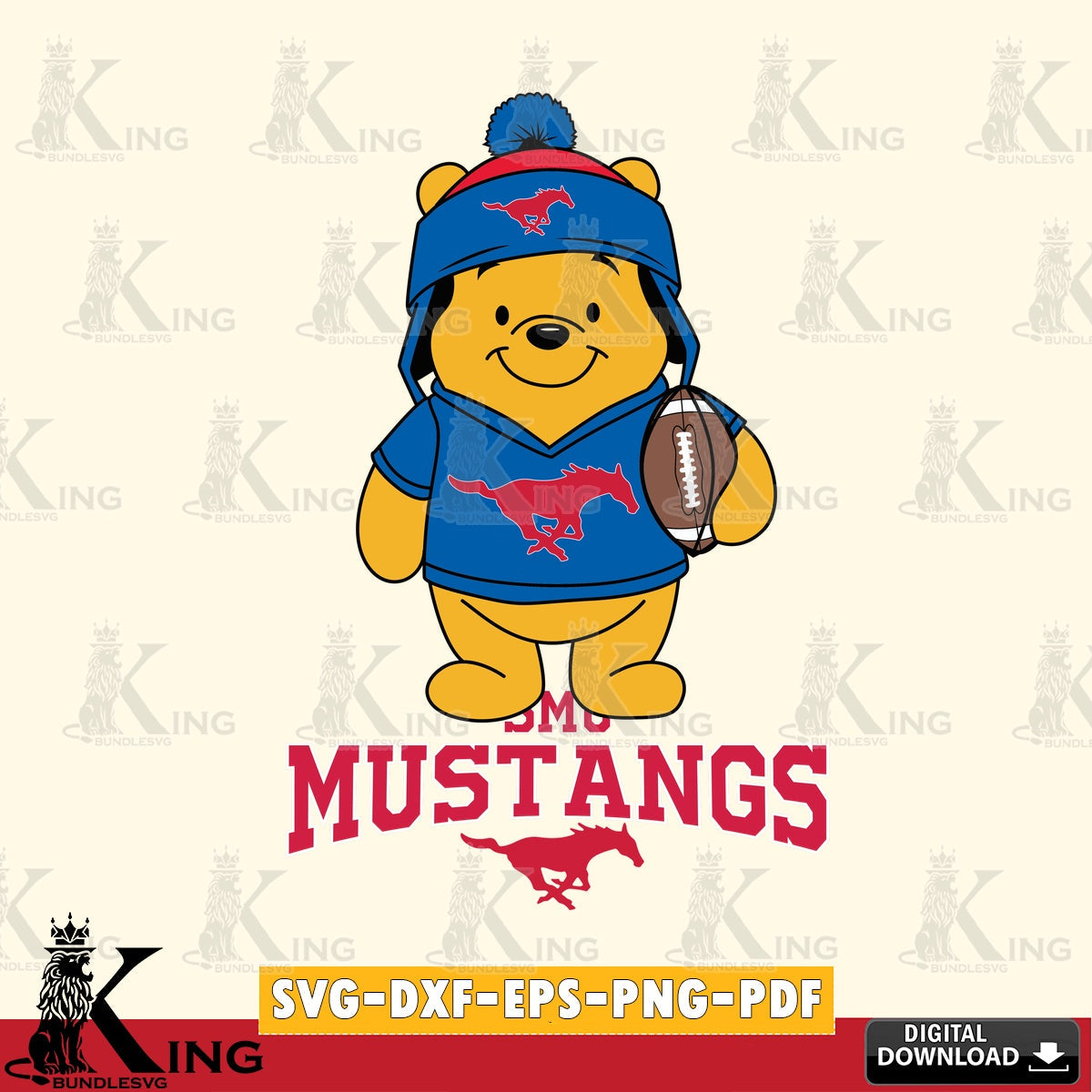 Custom design featuring SMU Mustangs Winnie the Pooh player football, vector illustration for POD merchandise and apparel.