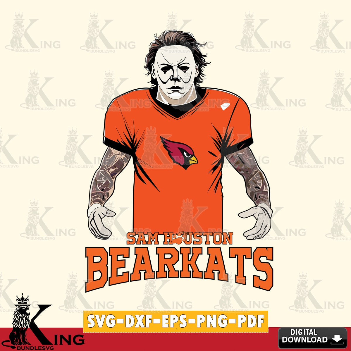 High-quality graphic of Sam Houston Bearkats Michael Myers Tattoo Football, a crafting file for iron-on transfer and vinyl decals