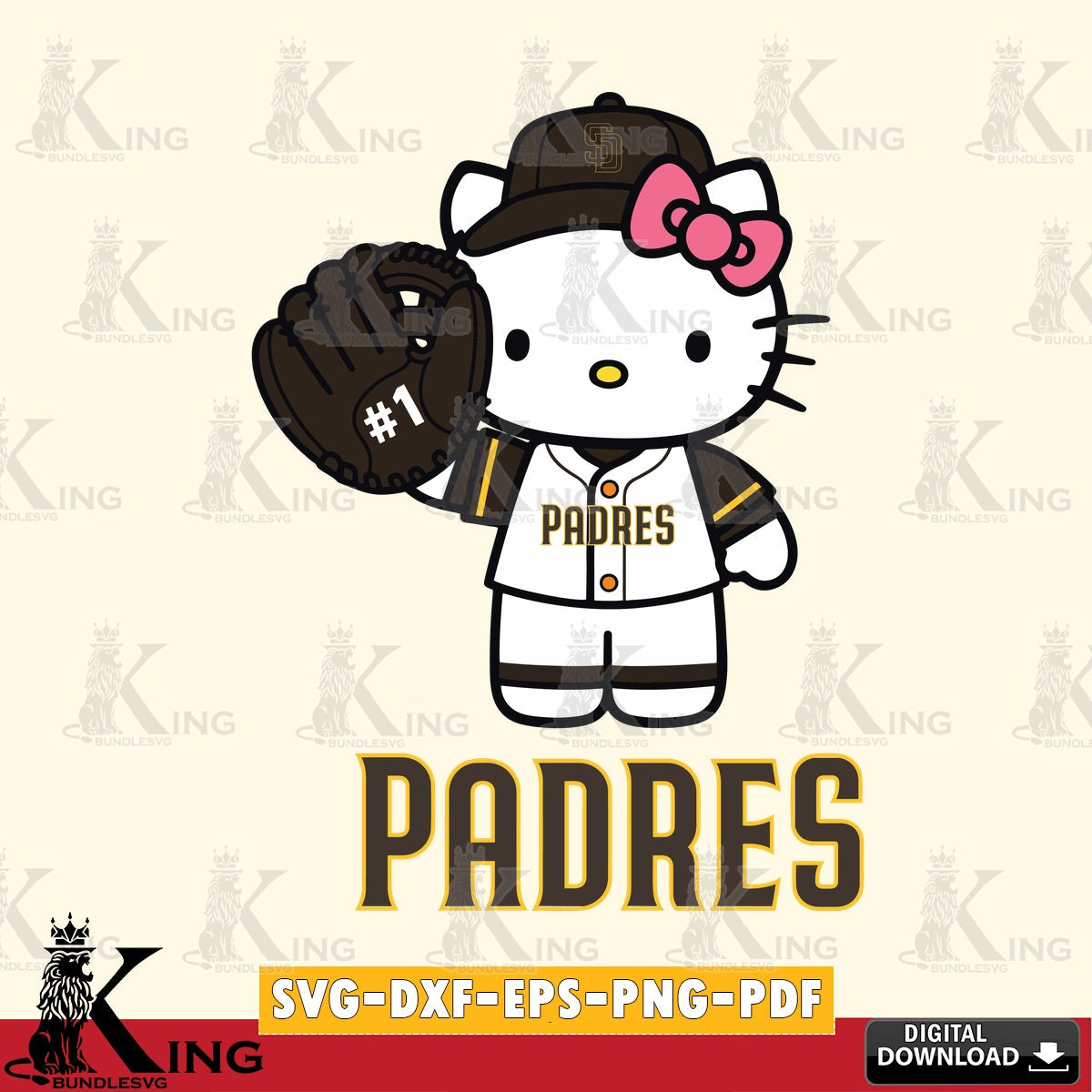 Giant set featuring San Diego Padres Hello Kitty Baseball #1 SVG PNG design suitable for Glowforge and laser cutting