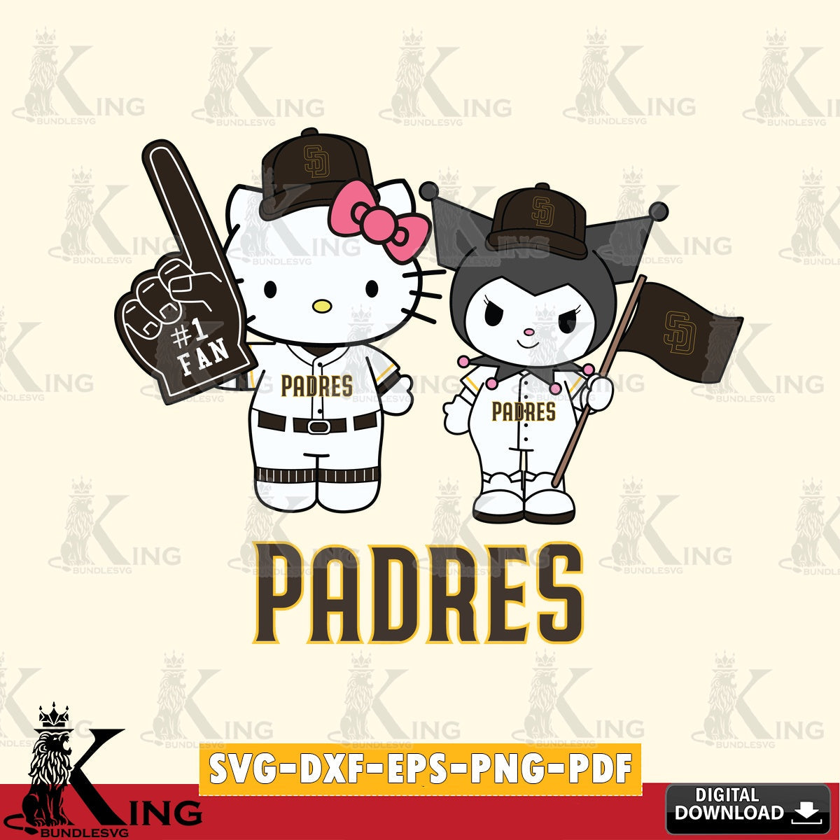 Giant set featuring San Diego Padres Hello Kitty Kuromi fan baseball, digital clipart compatible with laser engraving and cutting
