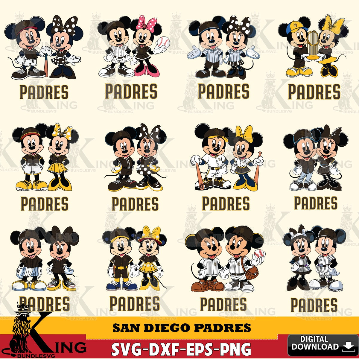 San Diego Padres Mickey Minnie Baseball Player MLB Bundle SVG file , For Cricut, File cut , Digital Download , PDF File, Cut Files
