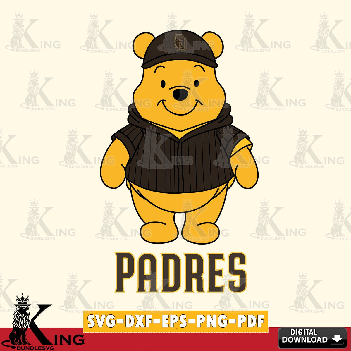 High-quality graphic of San Diego Padres Pooh Bear baseball mascot SVG PNG design suitable for Glowforge and laser cutting.