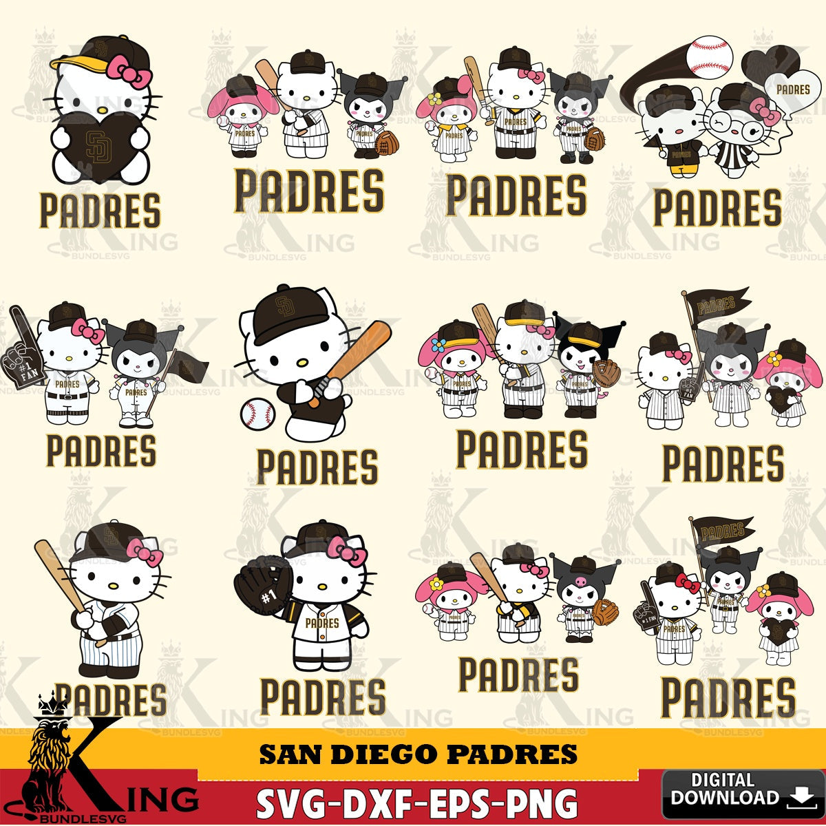 Jumbo collection of San Diego Padres Sanrio Squad Baseball MLB Bundle, crafting file for iron-on transfer and vinyl decals.