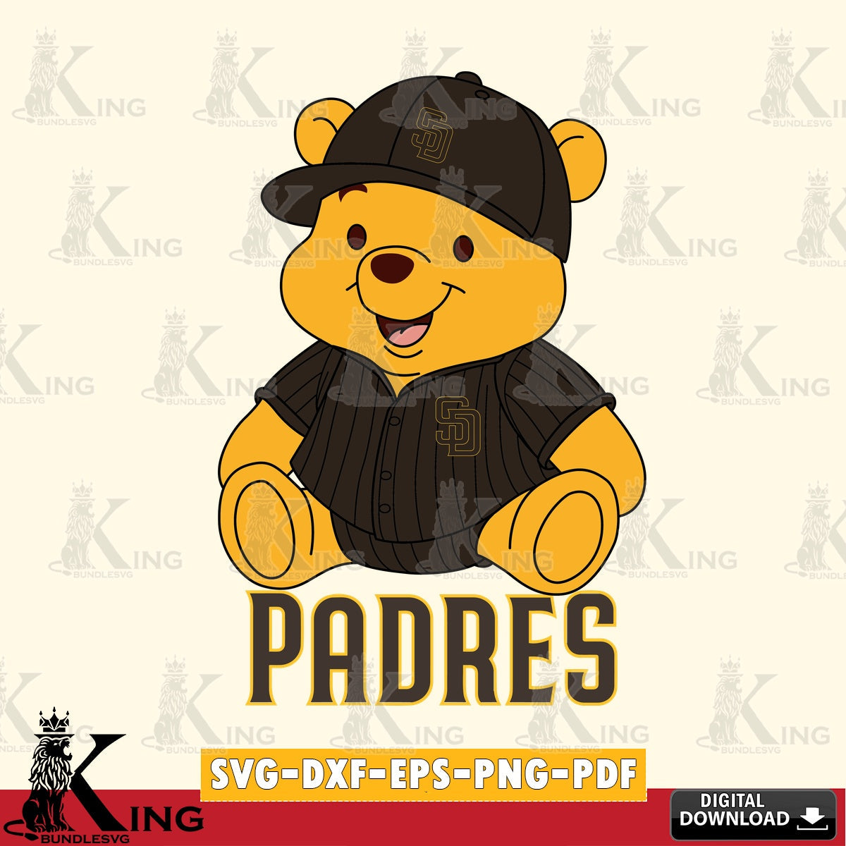 Artistic drawing of San Diego Padres Winnie the Pooh playing baseball, cute cut file ideal for vinyl projects and T-shirt