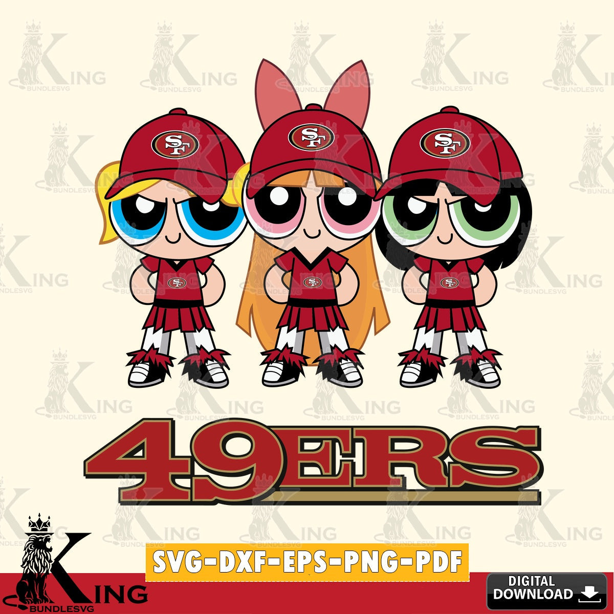 Unique artwork depicting San Francisco 49ers PowerPuff Girls football, a printable vector design for sublimation and crafts