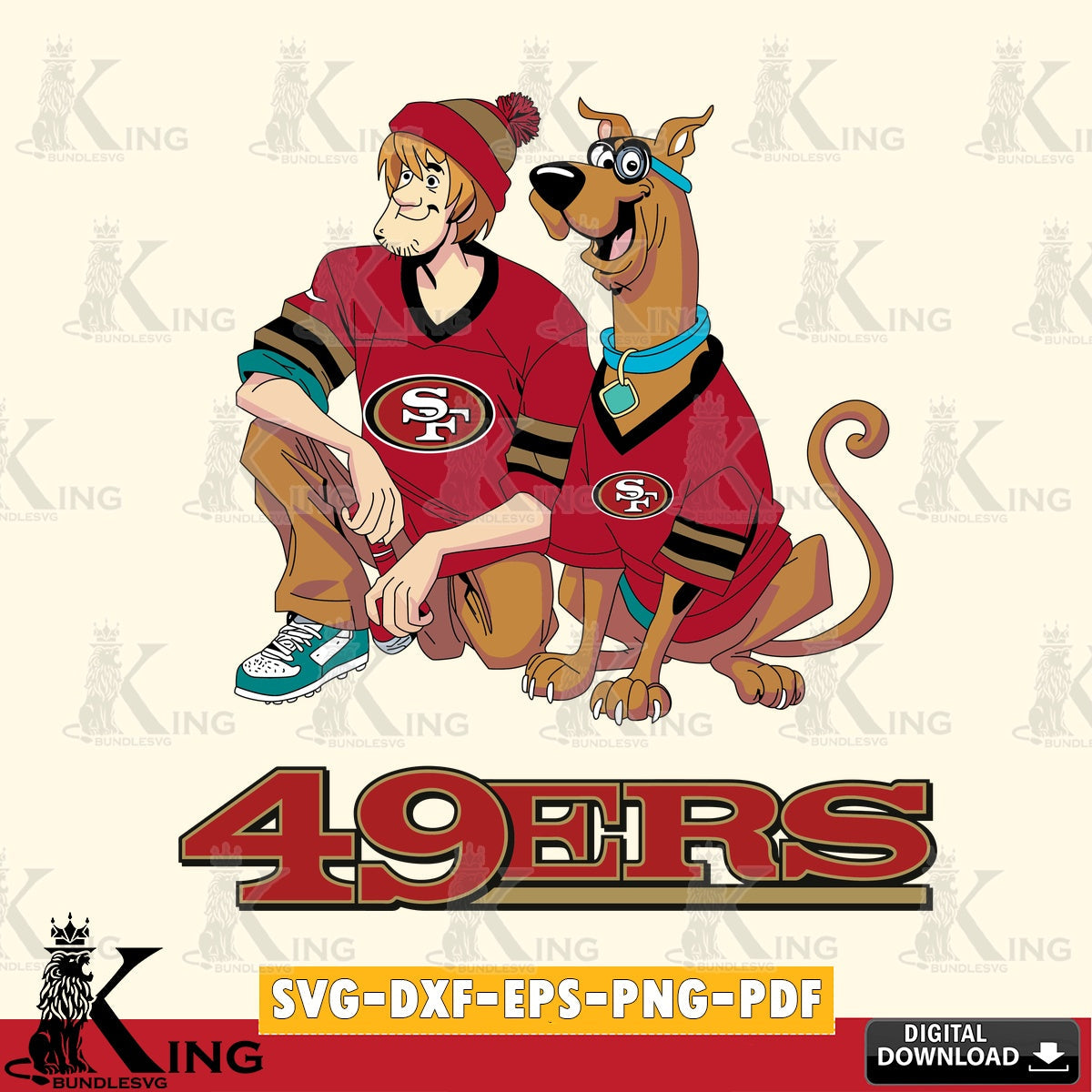 Digital clipart of San Francisco 49ers Shaggy and Scooby Doo football, printable vector design for sublimation and crafts