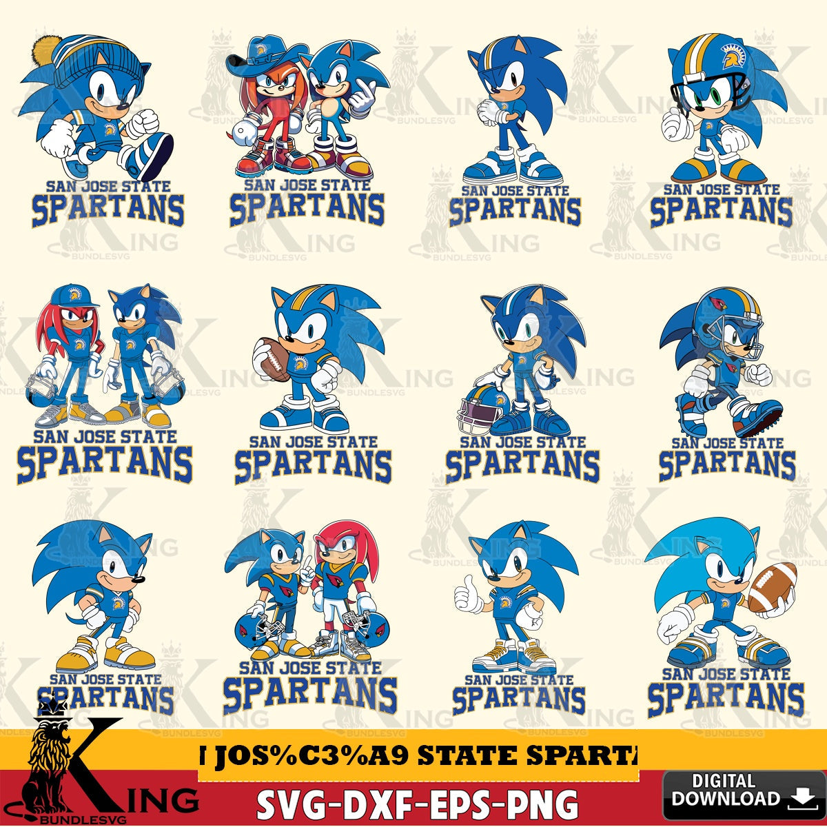 Comprehensive collection of San José State Spartans Sonic & Knuckles NCAA Football Bundle printable vector design for sublimation