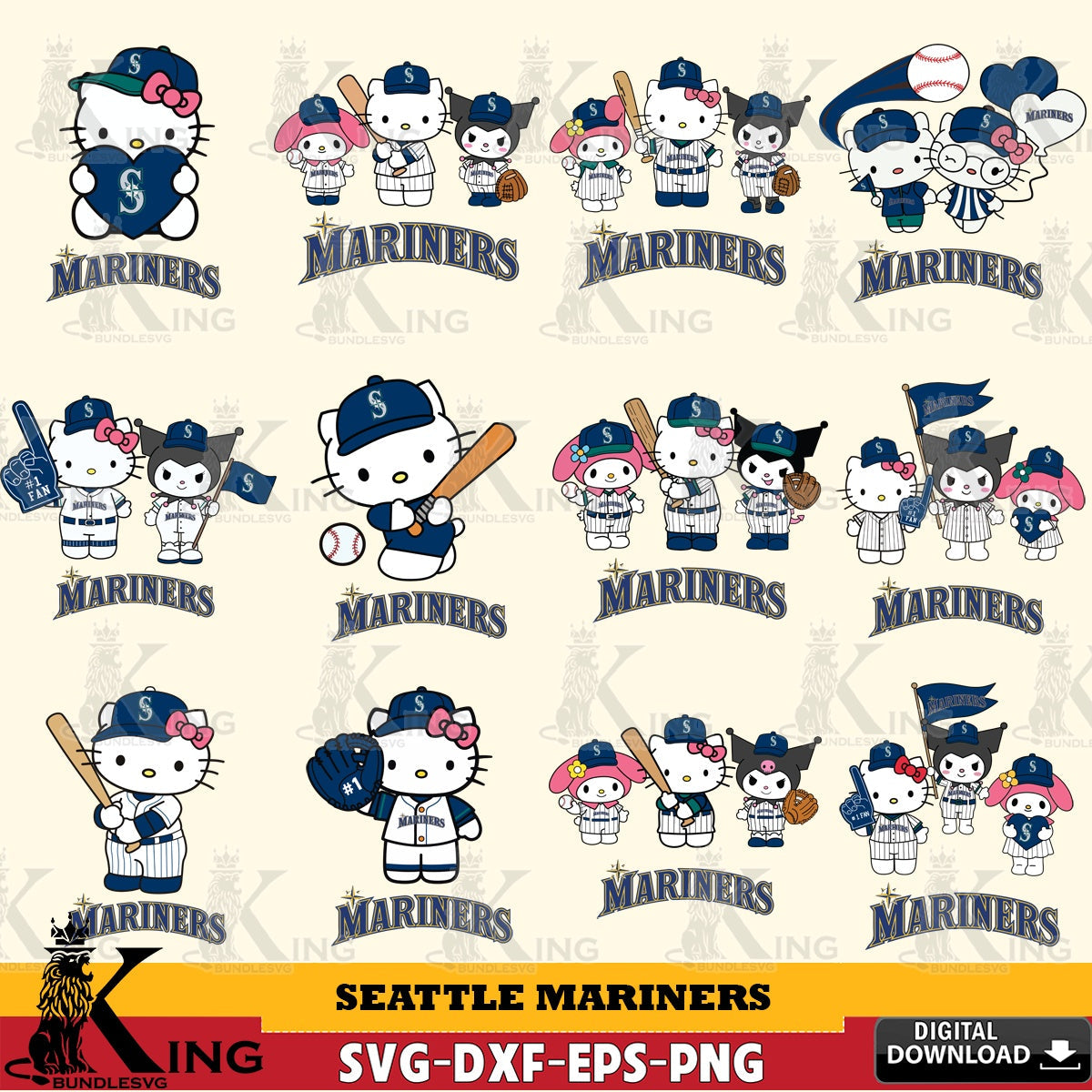 Comprehensive collection of Seattle Mariners Sanrio Squad Baseball MLB Bundle digital clipart compatible with laser engraving and