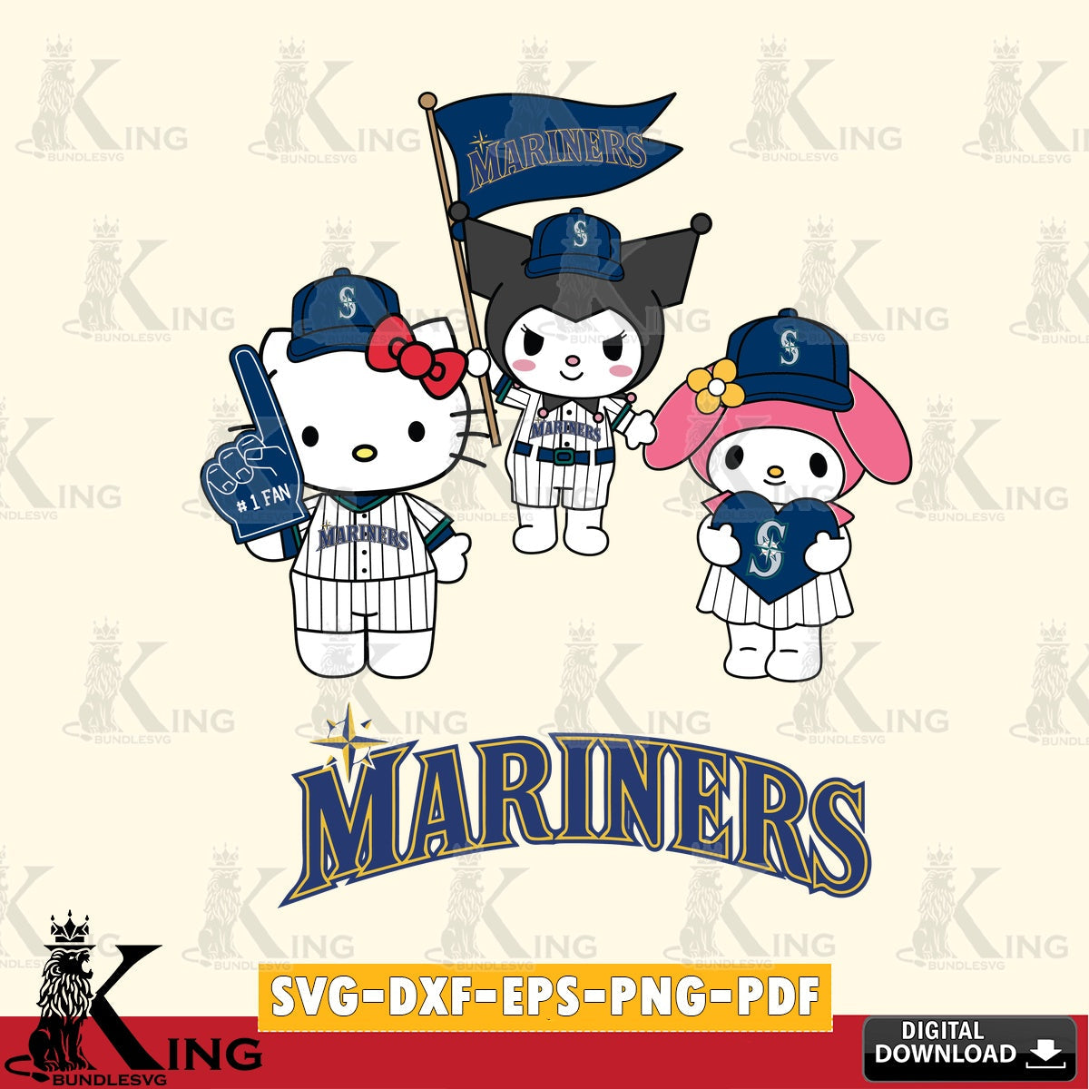 Modern graphic depicting Seattle Mariners Sanrio Squad cute design, digital download for Cricut Maker and paper crafts