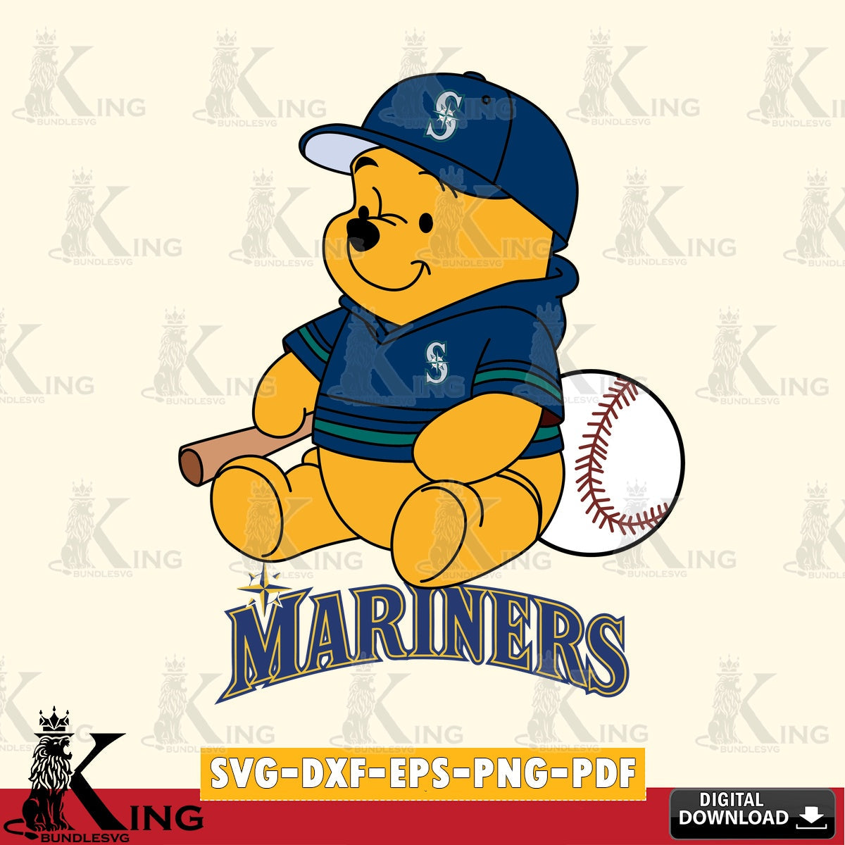 Stylish representation of Seattle Mariners Winnie the Pooh Baseball, vector illustration for POD merchandise and apparel