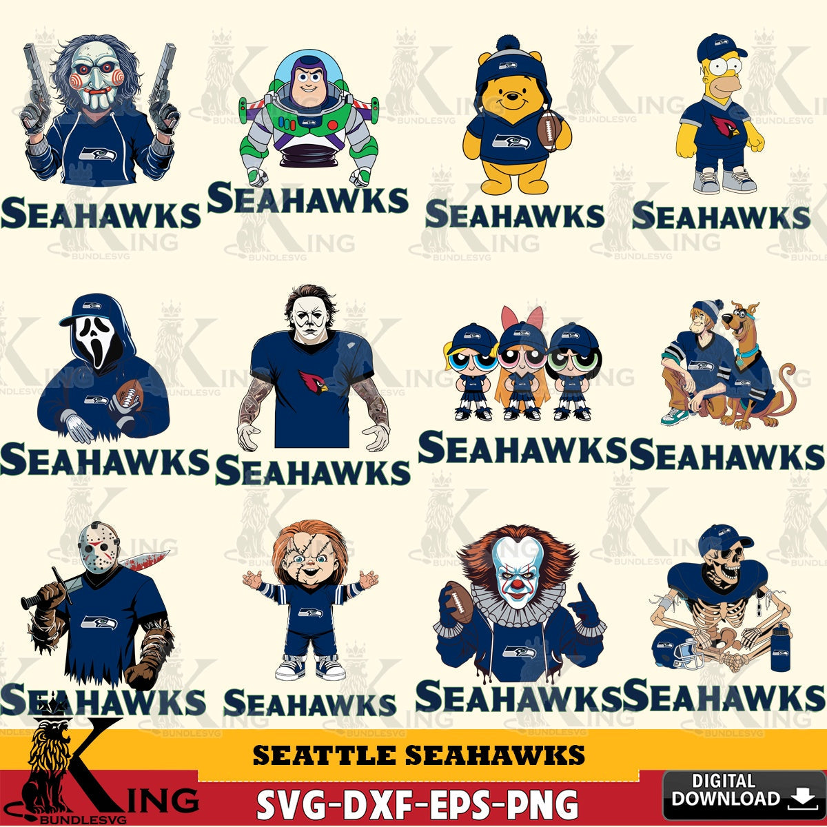 Ultimate set containing a Seattle Seahawks cartoon football NFL bundle vector illustration for POD merchandise and apparel