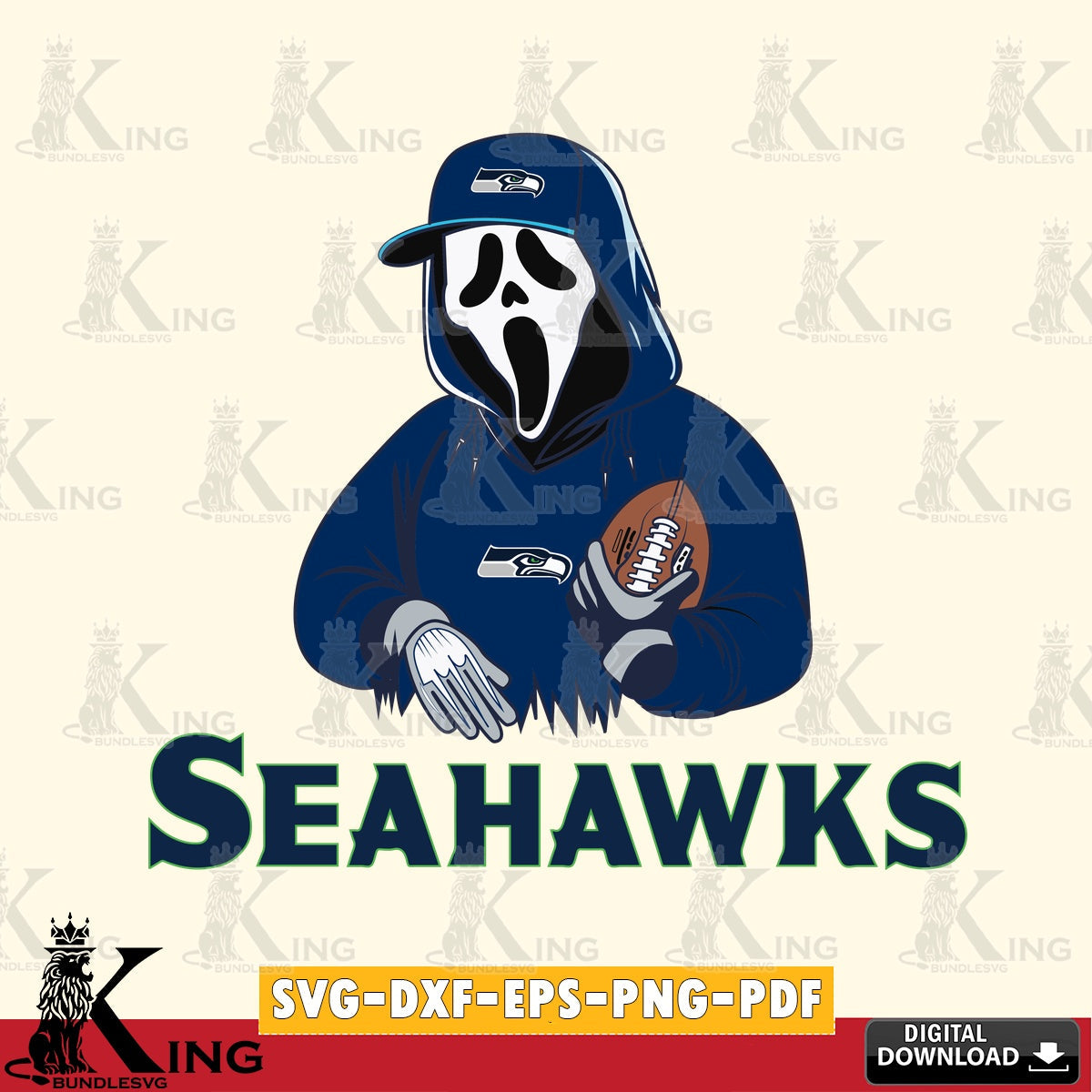 Hand-drawn style art of Seattle Seahawks Ghostface Scream football player, a digital download for Cricut Maker and paper crafts.