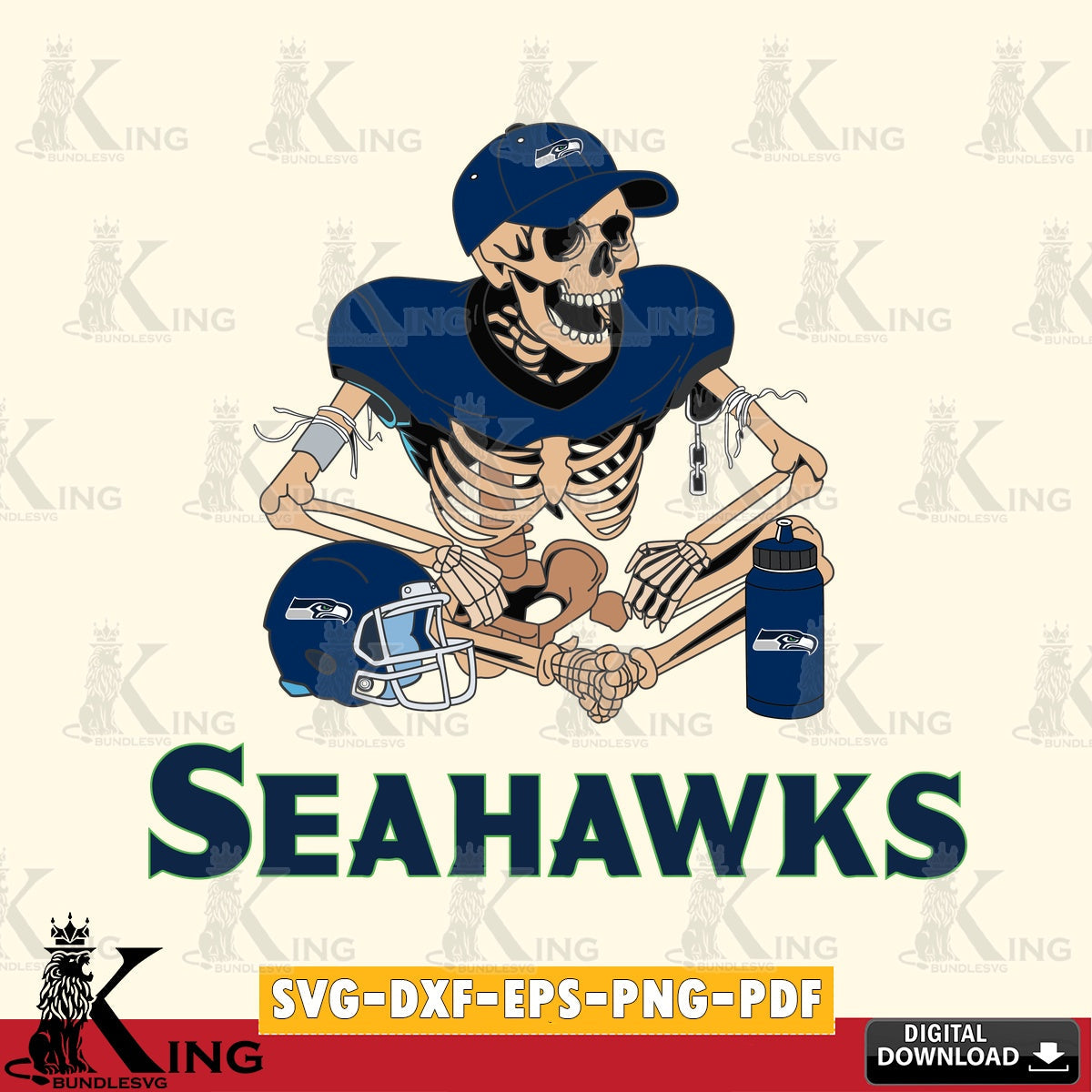 Modern graphic depicting a Seattle Seahawks skeleton player playing football, cut file ideal for vinyl projects and T-shirt