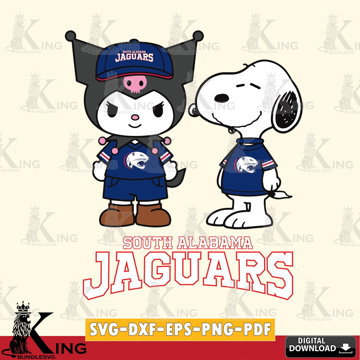 South Alabama Jaguars Kuromi Snoopy Football SVG file, Cricut, Cut file , Digital Download , Instant Download, Sanrio svg, Clipart