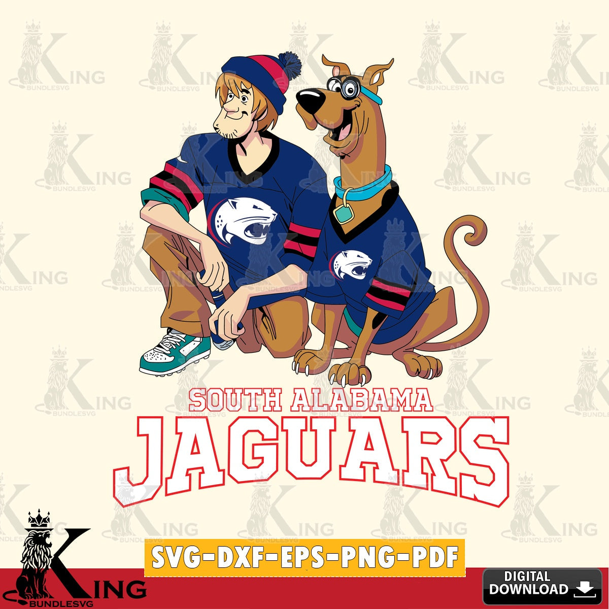 Stylish representation of South Alabama Jaguars Shaggy and Scooby Doo football, a vector illustration for POD merchandise and
