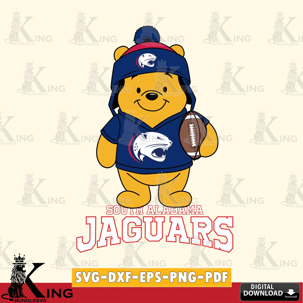 Creative design featuring South Alabama Jaguars Winnie the Pooh player Football, a printable vector design for sublimation and