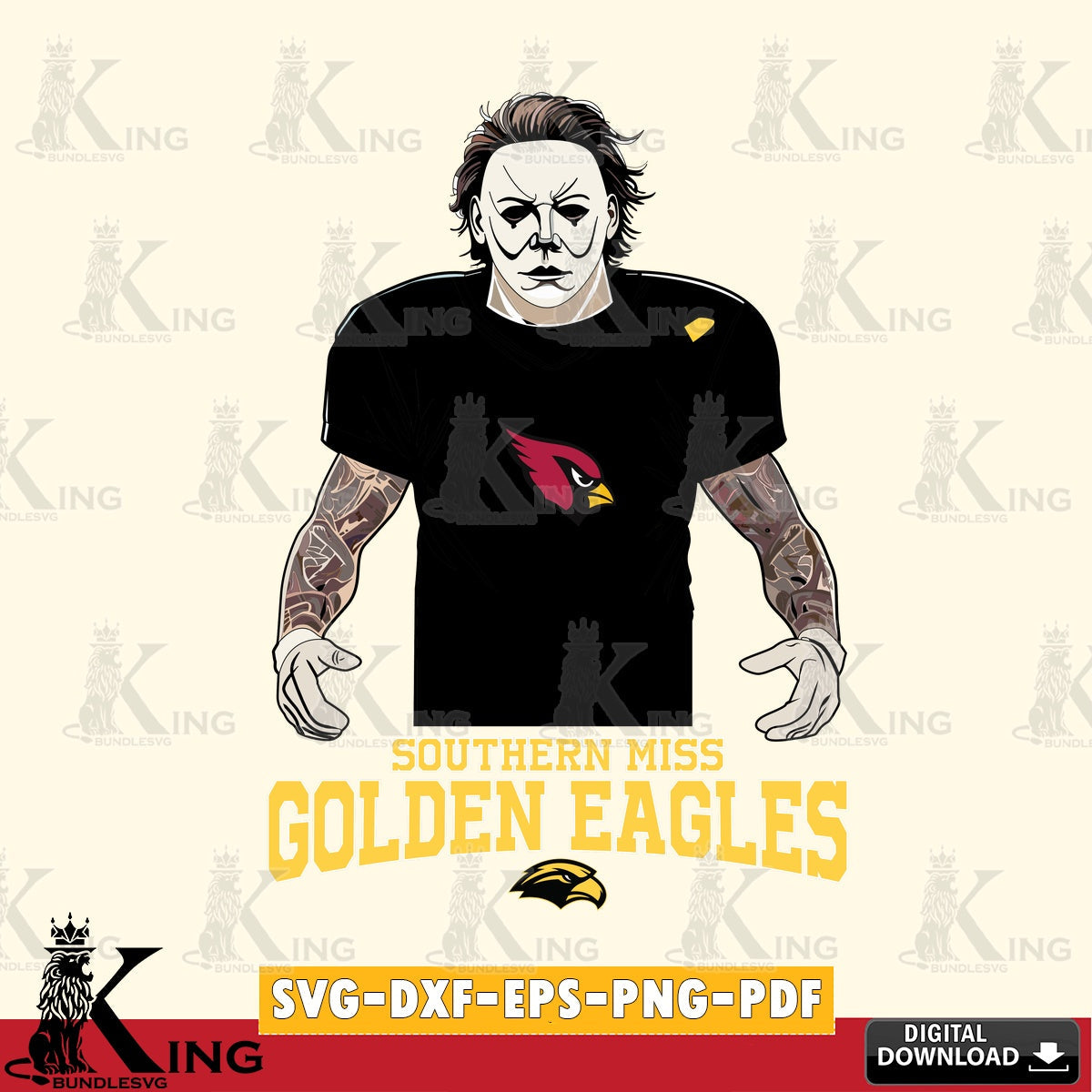 Beautiful illustration of a Southern Miss Golden Eagles Michael Myers tattoo football, high-quality vector for DIY scrapbooking