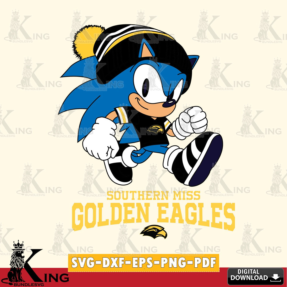 Modern graphic depicting Southern Miss Golden Eagles Sonic Football, SVG PNG files perfect for Cricut and Silhouette cutting.