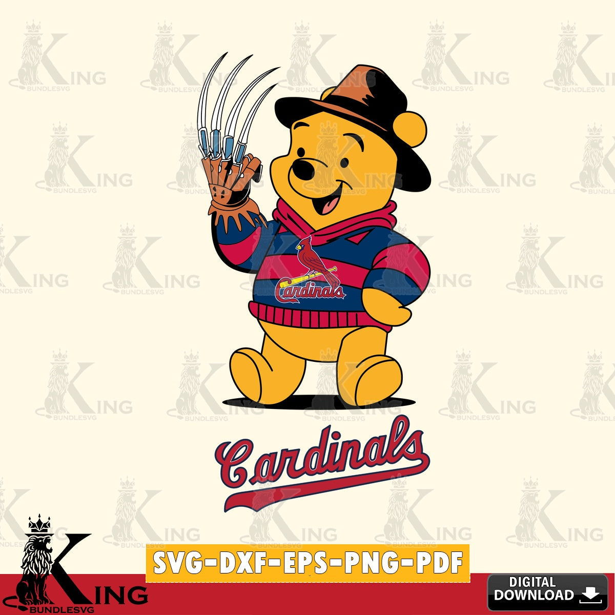 Unique artwork depicting St Louis Cardinals Winnie the Pooh Freddy Krueger baseball vector art for engraving, cutting, and